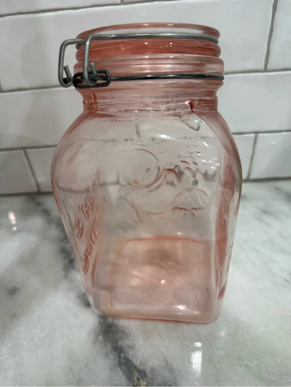 Pink Glass Italian Jar, Bale Wire Slanted Clamp Lid Jar